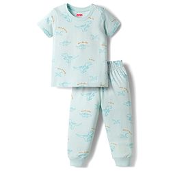 Babyhug Cotton Knit Half Sleeves T-Shirt & Pajama Night Suits with Dino Print - Blue