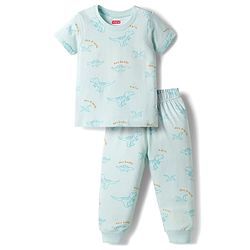 Babyhug Cotton Knit Half Sleeves T-Shirt & Pajama Night Suits with Dino Print - Blue