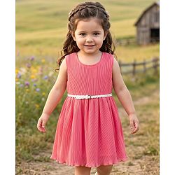 Babyhug Woven Sleeveless Solid Color Frock with Belt - Pink