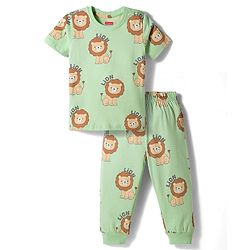 Babyhug Cotton Knit Full Sleeves T-Shirt & Pyjama Co-ord Night Suit With Lion Print - Green