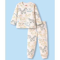 Babyhug Cotton Knit Full Sleeves T-Shirt & Pyjama Co-ord Night Suit with Animal Print - Brown
