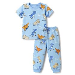 Babyhug Cotton Knit Half Sleeves Dino Printed Co-Ords T-Shirt & Pyjama Night Suit - Blue