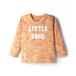 Babyhug Cotton Knit Full Sleeves T-Shirt & Pyjama Co-ord Night Suit With Dino Print - Brown
