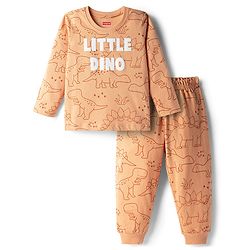 Babyhug Cotton Knit Full Sleeves T-Shirt & Pyjama Co-ord Night Suit With Dino Print - Brown