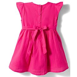 Babyhug Twill Woven Sleeveless Floral Embroidered Frock with Frill Detailing - Pink