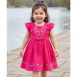 Babyhug Twill Woven Sleeveless Floral Embroidered Frock with Frill Detailing - Pink