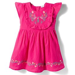 Babyhug Twill Woven Sleeveless Floral Embroidered Frock with Frill Detailing - Pink
