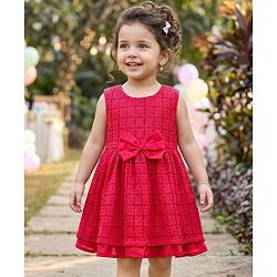 Babyhug Lace Woven Sleeveless Frock with Bow Applique - Dark Pink