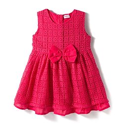 Babyhug Lace Woven Sleeveless Frock with Bow Applique - Dark Pink