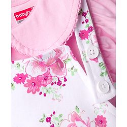 Babyhug Single Jersey Knit Half Sleeves Romper Style Dungaree & Peter Pan Collared T-Shirt With Floral Print - Pink & White