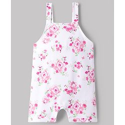 Babyhug Single Jersey Knit Half Sleeves Romper Style Dungaree & Peter Pan Collared T-Shirt With Floral Print - Pink & White