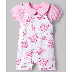 Babyhug Single Jersey Knit Half Sleeves Romper Style Dungaree & Peter Pan Collared T-Shirt With Floral Print - Pink & White