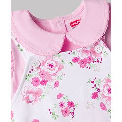 Babyhug Single Jersey Knit Half Sleeves Romper Style Dungaree & Peter Pan Collared T-Shirt With Floral Print - Pink & White