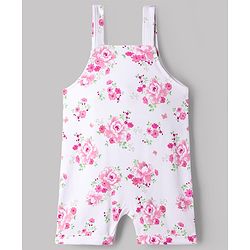 Babyhug Single Jersey Knit Half Sleeves Romper Style Dungaree & Peter Pan Collared T-Shirt With Floral Print - Pink & White