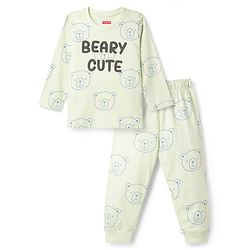 Babyhug Cotton Knit Full Sleeves T-Shirt & Pyjama Night-Suit With Bear Print - Green