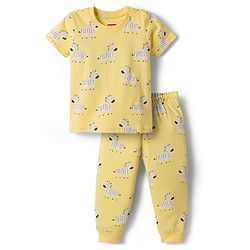 Babyhug Cotton Knit Half Sleeves T-Shirt & Pyjama Night Co-ord Night Suit With Zebra Print - Yellow