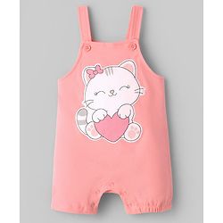 Babyhug Single Jersey Knit Romper Style Dungaree & T-Shirt With Kitten & Polka Dots Print - Pink & White