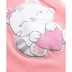 Babyhug Single Jersey Knit Romper Style Dungaree & T-Shirt With Kitten & Polka Dots Print - Pink & White