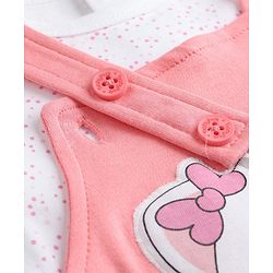Babyhug Single Jersey Knit Romper Style Dungaree & T-Shirt With Kitten & Polka Dots Print - Pink & White