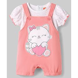 Babyhug Single Jersey Knit Romper Style Dungaree & T-Shirt With Kitten & Polka Dots Print - Pink & White