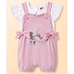 Babyhug Single Jersey Knit Dungaree & Half Sleeves Inner Tee with Bunny Patch - White & Pink