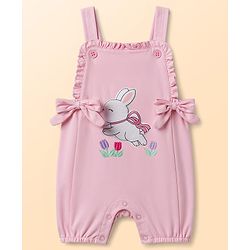 Babyhug Single Jersey Knit Dungaree & Half Sleeves Inner Tee with Bunny Patch - White & Pink