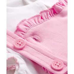 Babyhug Single Jersey Knit Dungaree & Half Sleeves Inner Tee with Bow Embroidery - White & Pink