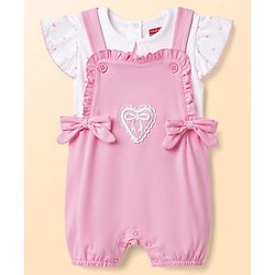 Babyhug Single Jersey Knit Dungaree & Half Sleeves Inner Tee with Bow Embroidery - White & Pink