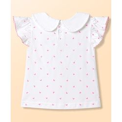 Babyhug Single Jersey Knit Dungaree & Half Sleeves Inner Tee with Bow Embroidery - White & Pink