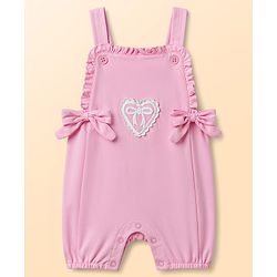 Babyhug Single Jersey Knit Dungaree & Half Sleeves Inner Tee with Bow Embroidery - White & Pink