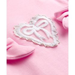 Babyhug Single Jersey Knit Dungaree & Half Sleeves Inner Tee with Bow Embroidery - White & Pink