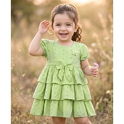 Babyhug Cotton Woven Half Sleeves Schiffili Frock with Bow & Floral Applique - Green