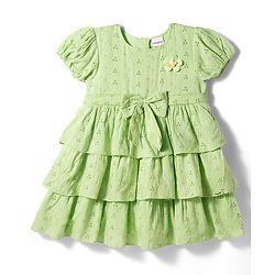 Babyhug Cotton Woven Half Sleeves Schiffili Frock with Bow & Floral Applique - Green