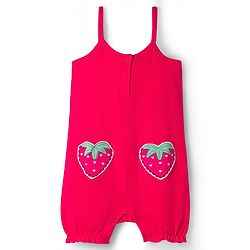 Babyhug Single Jersey Knit Half Sleeves Heart Printed Tee & Dungaree with Strawberry Patch - Dark Pink & White