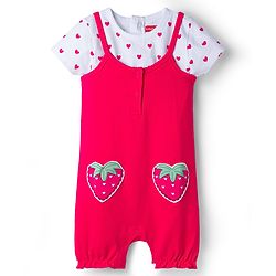 Babyhug Single Jersey Knit Half Sleeves Heart Printed Tee & Dungaree with Strawberry Patch - Dark Pink & White