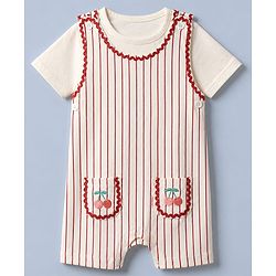 Babyhug Single Jersey Knit Half Sleeves Dungarees & Set With Cherry Embroidery - White
