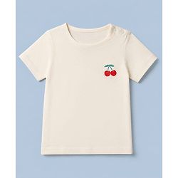 Babyhug Single Jersey Knit Half Sleeves Dungarees & Set With Cherry Embroidery - White