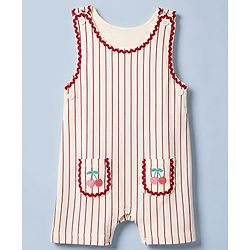 Babyhug Single Jersey Knit Half Sleeves Dungarees & Set With Cherry Embroidery - White