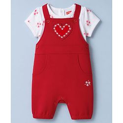 Babyhug 100% Cotton Single Jersey Knit Heart Embroidered Dungaree With Half Sleeves Floral Printed Tee - White