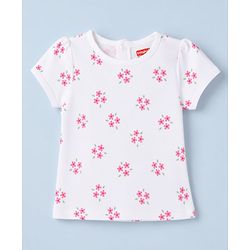 Babyhug 100% Cotton Single Jersey Knit Heart Embroidered Dungaree With Half Sleeves Floral Printed Tee - White