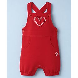 Babyhug 100% Cotton Single Jersey Knit Heart Embroidered Dungaree With Half Sleeves Floral Printed Tee - White