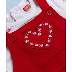 Babyhug 100% Cotton Single Jersey Knit Heart Embroidered Dungaree With Half Sleeves Floral Printed Tee - White