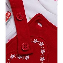 Babyhug 100% Cotton Single Jersey Knit Heart Embroidered Dungaree With Half Sleeves Floral Printed Tee - White