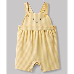 Babyhug Single Jersey Knit Half Sleeves T-Shirt & Striped  Dungaree With Smiley Face Embroidery  - Yellow