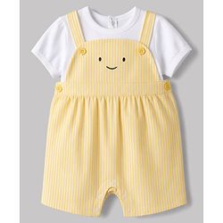 Babyhug Single Jersey Knit Half Sleeves T-Shirt & Striped  Dungaree With Smiley Face Embroidery  - Yellow