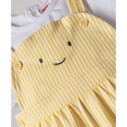 Babyhug Single Jersey Knit Half Sleeves T-Shirt & Striped  Dungaree With Smiley Face Embroidery  - Yellow
