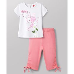 Babyhug Single Jersey Half Sleeves Top & Pyjama Set With Floral Print & Applique - White & Pink