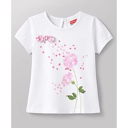 Babyhug Single Jersey Half Sleeves Top & Pyjama Set With Floral Print & Applique - White & Pink