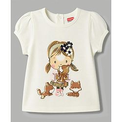 Babyhug 100% Cotton Single Jersey Knit Half Sleeves Top and Textured Shorts With Doll Graphic - White