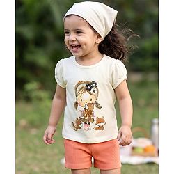 Babyhug 100% Cotton Single Jersey Knit Half Sleeves Top and Textured Shorts With Doll Graphic - White